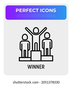 Winner at podium thin line icon. Champion, leader, achievement of goal. Vector illustration.