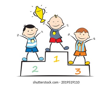 podio ganador y tres niños, ilustración conceptual vectorial