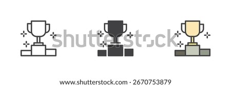 Winner podium with trophy cup different style icon set. Line, solid and filled outline vector icon. Colorful football sign, sport award symbol illustration.