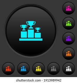 Winner podium with trophy cups dark push buttons with vivid color icons on dark grey background