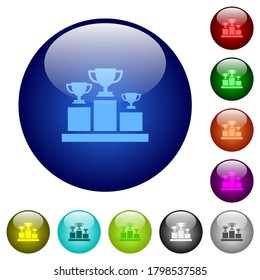 Winner podium with trophy cups icons on round glass buttons in multiple colors. Arranged layer structure