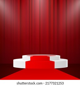 Winner podium. Vector geometric platform. red technology background. Award ceremony background
