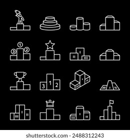 Podio ganador, iconos de línea blanca. Podios para ganadores con diferentes niveles. Ideal para temas de competición y logros. Símbolos sobre fondo negro. Trazo editable.