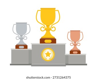 Podio ganador con copas ganadoras. Copa en un pedestal: oro, plata, bronce.