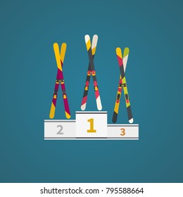 Winner podium with winter skis. Vector illustration. Winter games.