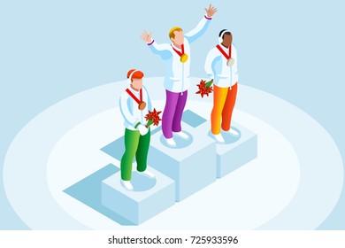 Winner podium with winter sport man athlete. Vector 3D isometric icon.