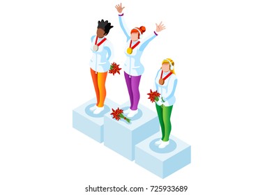 Winner podium with winter sport woman athlete. Vector 3D isometric icon.