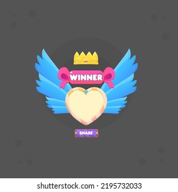 Winner Pop Up Badge  Heart  Frame , Crown , Bow Header , Blue Sky  Fairy Fantasy Wings Fly Flower Petals  Cute Colorful Cartoon Vector Design