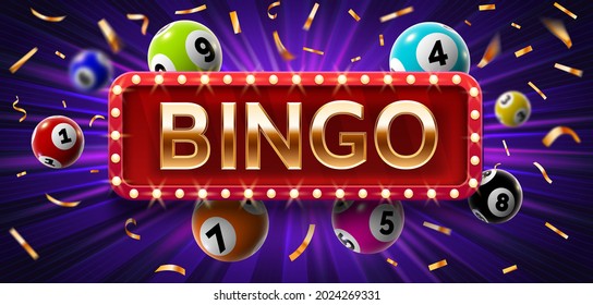 Winner poster with lottery balls with numbers, confetti and golden bingo. Realistic lotto game big win background. Gambling vector concept. Illustration of winner lottery, game gambling