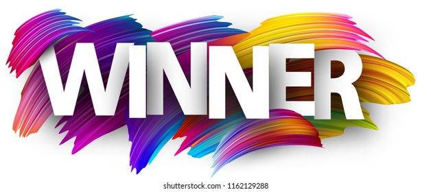 Winner poster with spectrum brush strokes on white background. Colorful gradient brush design. Vector paper illustration.
