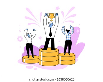 Winner and prize. Businessman standing on pedestal holding a winner cup over his head with group of business people. Business concept flat vector illustration, isolated on white background.