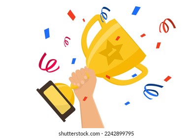 Winner prize goblet. First place champion trophy reward. Hand holding gold trophy cup. Success and business achievements concept with award cup and confetti. Vector illustration