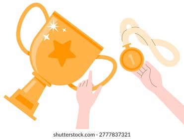 Winner prize goblet, Hand holding gold trophy cup and medals. Winner trophy award and medal. Gold cup in hand. Successful competition winner. Vector illustration