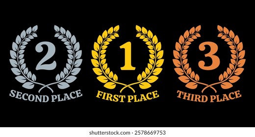 Winner, prize icon set. First, Second and Third place design. Laurel wreath award set with 1, 2, 3 numbers. Gold, silver and bronze medal concept. Vector illustration.