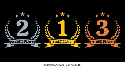 Winner, prize icon set. Laurel wreath awards. First, Second And Third place. Gold, silver and bronze medal concept. Vector illustration.