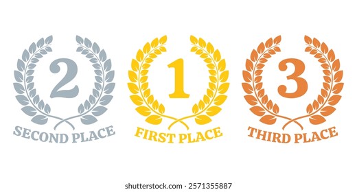 Winner, prize icons with First, Second And Third place. Laurel wreath award set with 1, 2, 3 numbers. Gold, silver and bronze medal concept. Vector illustration.