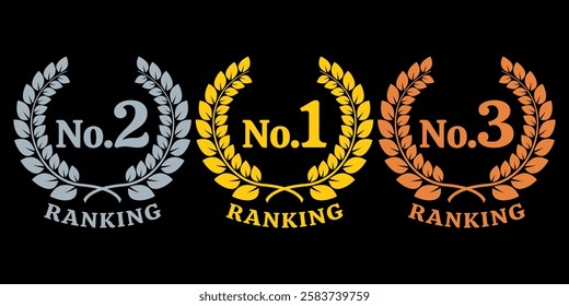 Winner, prize icons with First, Second And Third place. Laurel wreath award set with 1, 2, 3 numbers. Gold, silver and bronze medal concept. Vector illustration.