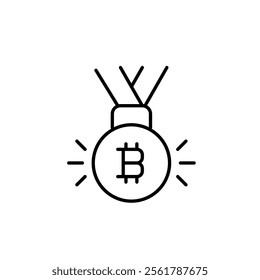 Winner prize medal with bitcoin symbol. Top investor, crypto excellence award. Pixel perfect vector icon