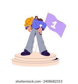 Winner with prize standing on victory pedestal. Confident woman hold golden cup, gold trophy, reward, award. Champion celebrate win. Leader achieved success. Flat isolated vector illustration on white