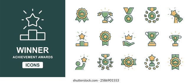 winner prize trophy cup award icon set success achievement winning reward first place medal ribbon emblem signs vector illustration for web and app
