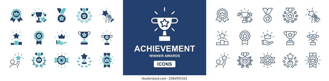 winner prize trophy cup award icon set competition winning reward first place success achievement medal ribbon emblem signs vector line illustration