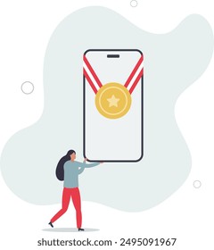 Winner with prize.Character celebrating first place.victory with golden medal.flat design.illustration with people.