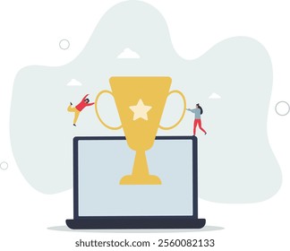Winner with prize.Character celebrating first place.victory with golden cup.flat characters.