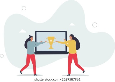 Winner with prize.Character celebrating first place.victory with golden cup. character life .