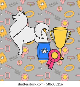 Winner Puppy Wining A Dog Show, Pet On The First Place. Gold Trophy Cup On Prize Podium. Award Ceremony Animal, Doggy Champion Medal