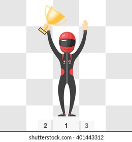 Winner In The Race On The Podium With The Cup In His Hands. Champion Racer In The Helmet. Vector Illustration For Web Design Or Print