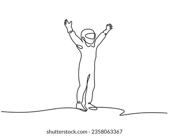 Winner racing driver. Continuous one line art drawing style. Minimalist black linear sketch isolated on white background. Vector illustration