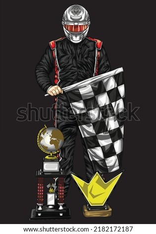 winner racing driver isolated on black background for poster, t-shirt print, business element, social media content, blog, sticker, vlog, and card. vector illustration.