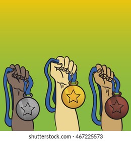 the winner raise one's hand with award medals