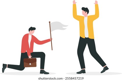 Winner raised arm in victory gesture and loser crawling on floor with white flag to surrender. Vector illustration for business concept 

