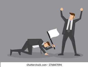 Winner raised arm in victory gesture and loser crawling on floor with white flag to surrender. Vector illustration for business concept isolated on grey background.