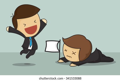 Winner raised arm in victory gesture and loser crawling on floor with white flag to surrender. Vector illustration for business concept isolated on green background.