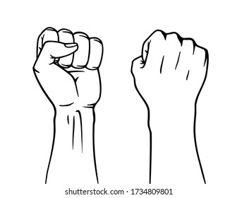 Winner raised fist. Logo label design, concept of win. Vector illustration in coloring style