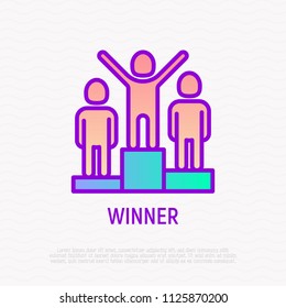 Winner with raised hands among rivals, thin line icon of success. Modern vector illustration.