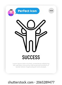 Winner with raised hands among rivals, thin line icon of success. Modern vector illustration.