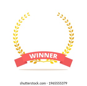 Winner red banner with gold laurel wreath isolated on white. Vector illustration