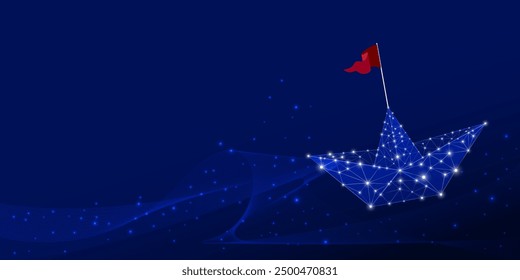 Winner red flag paper boat, leadership concept, leader boat leads white flag, discover new business and investment opportunities, vision and goal setting.