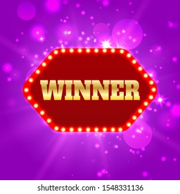 The winner retro banner with glowing lamps. Win congratulations vintage frame with glowing lamps, golden congratulating framed.