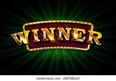 Winner retro banner with glowing lamps. Vector illustration for winners of poker, cards, roulette and lottery.