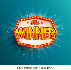 The winner retro banner with glowing lamps. Vector illustration for winners of poker, cards, roulette and lottery. Vintage light frame.  - Shutterstock ID 568319044