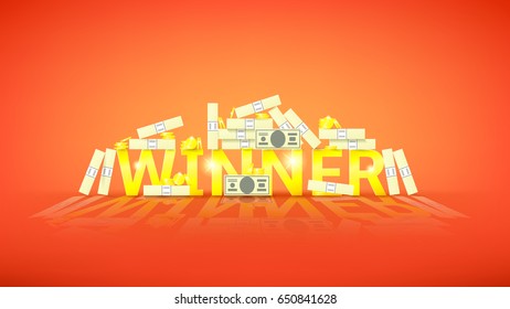 Winner retro banner with money. Vector illustration with golden coins and paper greenbacks. Label for winners of poker, cards, roulette and lottery.