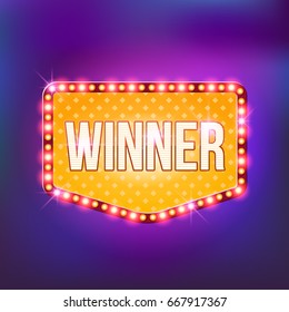 Gewinner-Retro-Banner-Vorlage mit Glühbirne Glühen. Casino-Plakathintergrund. Vintage-Stil. Vektorgrafik für Spielverein, Webspiel, Lotterie.