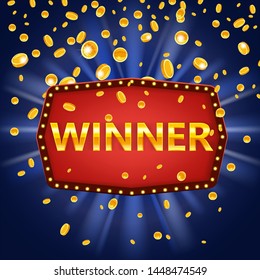Winner retro frame label banner. Win congratulations vintage frame with glowing lamps, golden congratulating framed sign with falling gold coins. Winners lottery game jackpot prize poker, cards