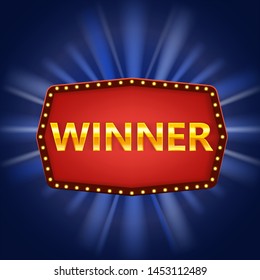 Winner retro frame label banner template. Win congratulations vintage frame with glowing lamps, golden congratulating framed sign. Winners lottery game jackpot prize poker, cards, roulette and lottery
