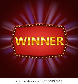 Winner retro frame label banner template. Win congratulations vintage frame with glowing lamps, golden congratulating framed sign. Winners lottery game jackpot prize poker, cards, roulette and lottery