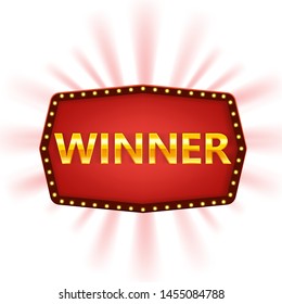 Winner retro frame label banner template. Win congratulations vintage frame with glowing lamps, golden congratulating framed sign. Winners lottery game jackpot prize poker, cards, roulette and lottery